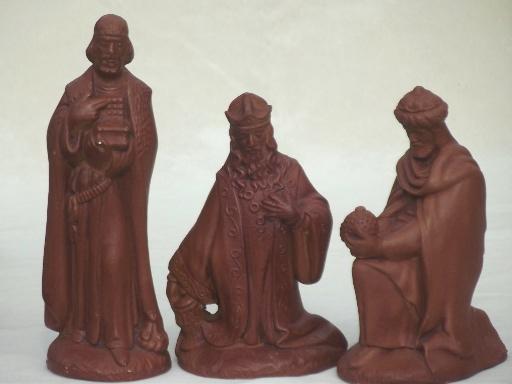 vintage chalkware Nativity set, painted plaster figures for Christmas creche