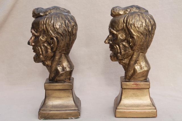 vintage chalkware bookends, bust of Abraham Lincoln plaster statuary figures