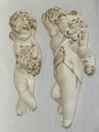vintage chalkware cherubs pair, antique gold & white sculpture wall art