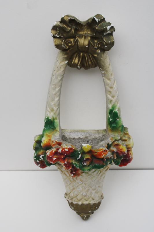vintage chalkware flower basket wall pocket plaque, shabby chippy cottage chic