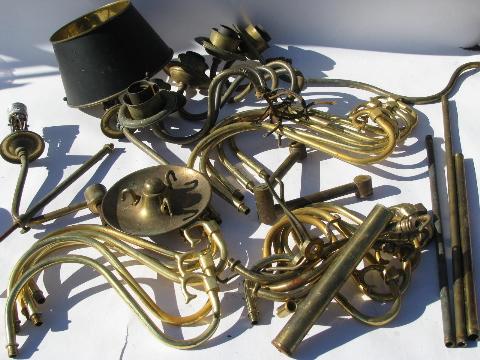 vintage chandelier light restoration pieces lot, old lamp parts, some solid brass