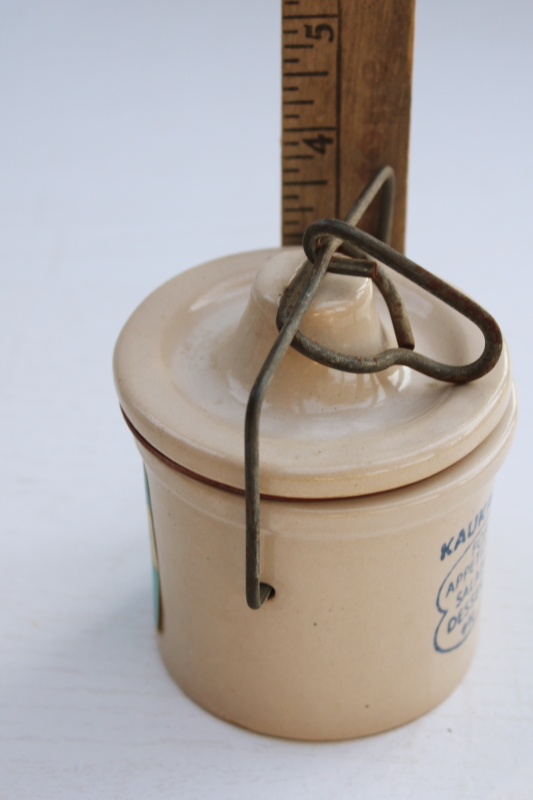 vintage cheese crock, Kaukauna Klub Wisconsin cheese spread stoneware jar w/ wire bail lid