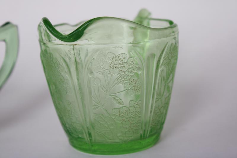 vintage cherry blossom pattern green depression glass, cream pitcher & sugar bowl set