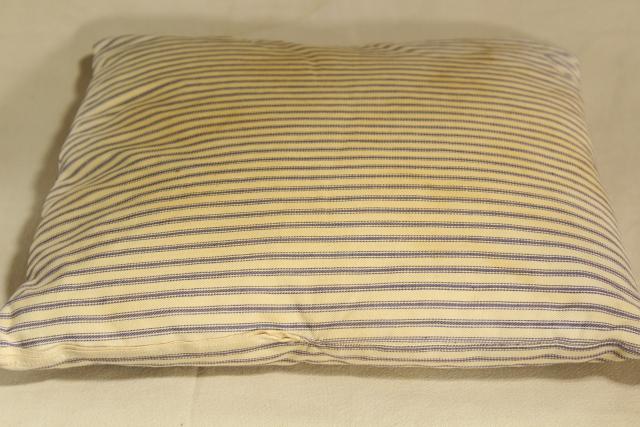 vintage chicken feather pillow, blue & white ticking stripe chair seat cushion