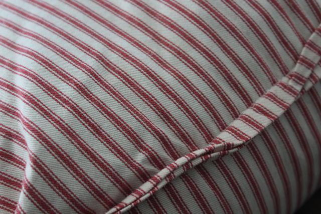 vintage chicken feather pillow in barn red striped cotton ticking fabric cover