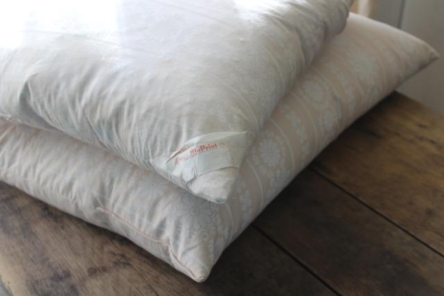 vintage chicken feather pillows w/ farmhouse style floral print cotton ticking fabric