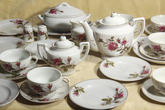 vintage child's size working toy tea set, pink roses moss rose porcelain china doll dishes