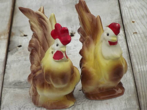 vintage china chickens, hand-painted pottery hen & rooster pair of figurines