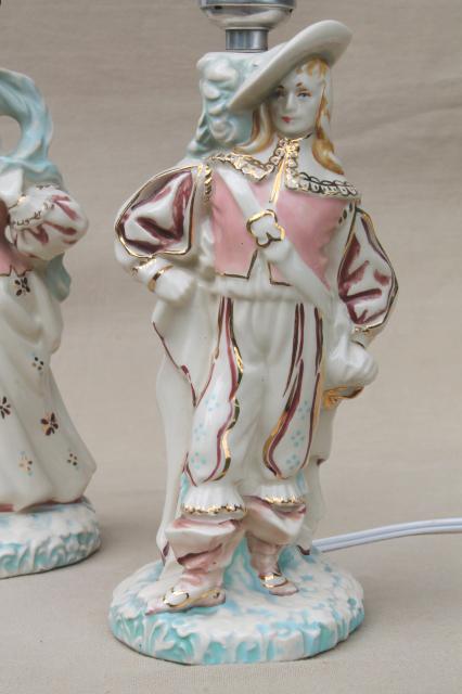 vintage china figurine lamps, French musketeer & country maid in pink & bluevintage china figurine lamps, French musketeer & country maid in pink & blue