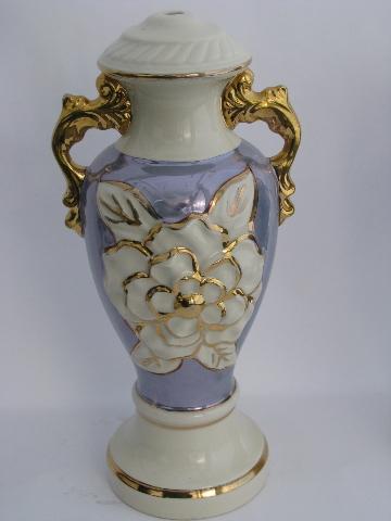 vintage china lamp bases, gold trim / white / french blue luster, big roses