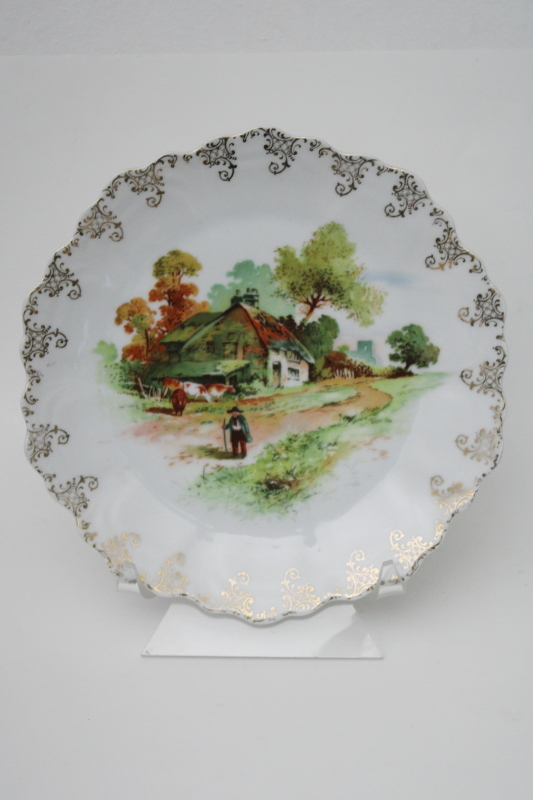 vintage china plate wall hanging, old English farm scene w/ cows  thatched cottage