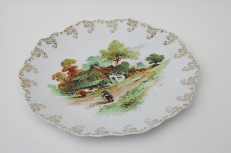 vintage china plate wall hanging, old English farm scene w/ cows  thatched cottage