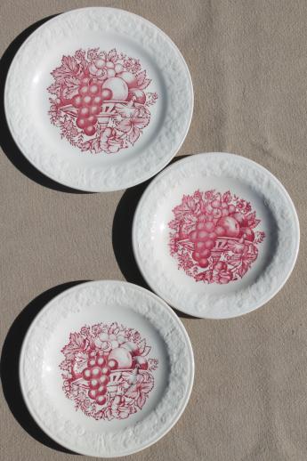 vintage china plates w/ embossed creamware border, fruit & harvest red & green transferware