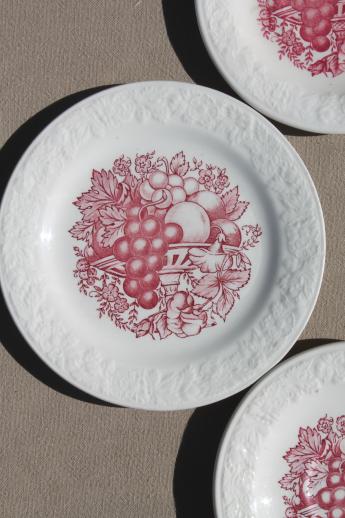 vintage china plates w/ embossed creamware border, fruit & harvest red & green transferware