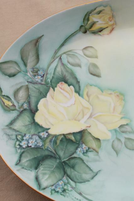 vintage china platter or oval tray, hand painted yellow roses on sky blue