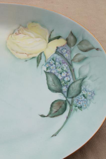 vintage china platter or oval tray, hand painted yellow roses on sky blue