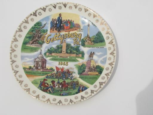 vintage china souvenir plate, Gettysburg Civil war landmarks and Lincoln