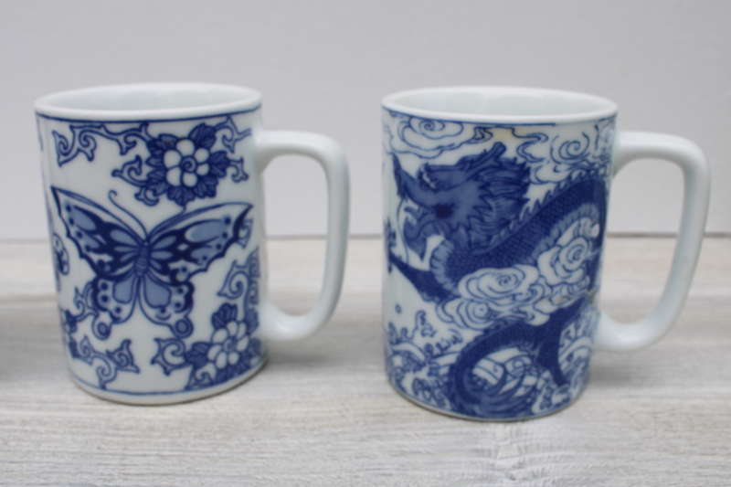 vintage chinoiserie blue  white china mugs, Chinese dragon, koi, butterfly, flower