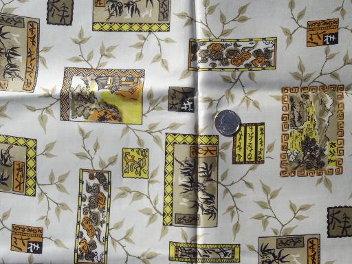 vintage chinoiserie print cotton sateen fabric, oriental designs w/ bamboo