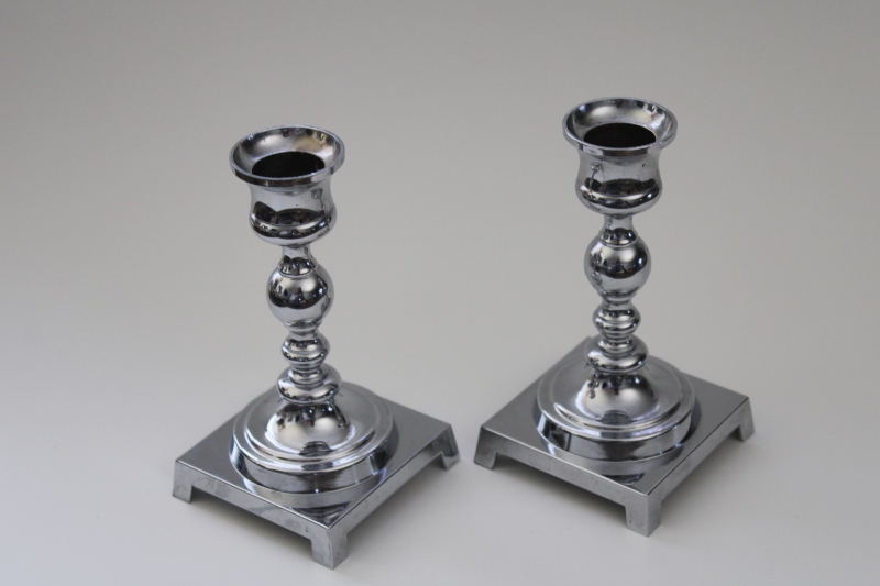 vintage chrome plated candlesticks, pair of mid century modern candle holders