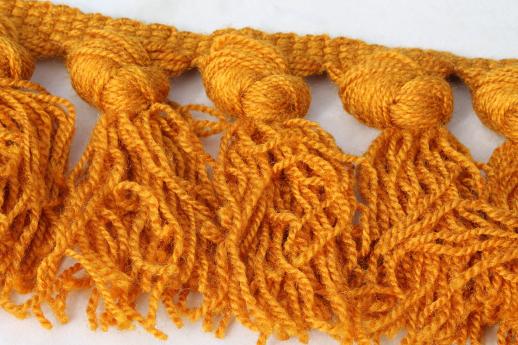 vintage chunky yarn trim w/ knotted tassels fringe, woolly upholstery braid in honey mustard gold
