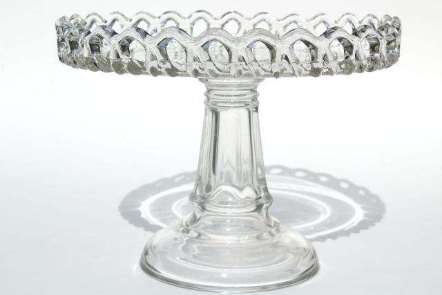 vintage clear glass cake stand, open lace edge crocheted crystal pedestal plate