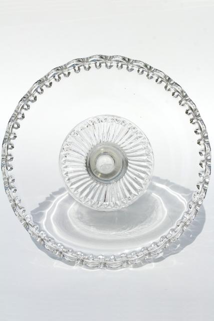 vintage clear glass cake stand, open lace edge crocheted crystal pedestal plate