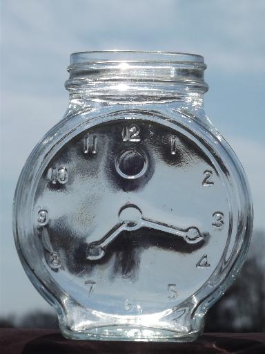 vintage clock face embossed jars, old condiment bottles spice jar lot
