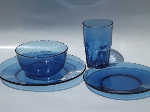 vintage cobalt blue Mexican glass dishes, set of Crisa Mexico glassware