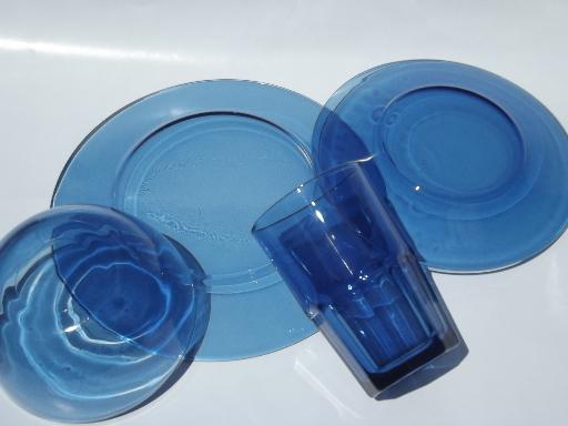 vintage cobalt blue Mexican glass dishes, set of Crisa Mexico glassware