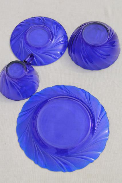vintage cobalt blue glass dishes set for four, Duralex Rivage swirl pattern