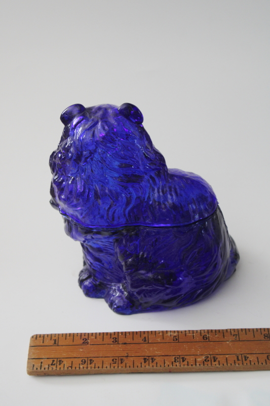 vintage cobalt blue pressed glass collie dog covered dish figural candy or cookie jar