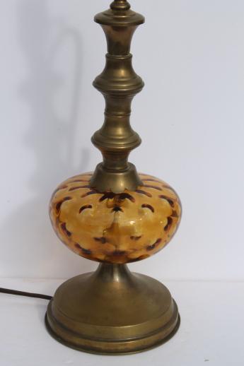 vintage coin dot amber glass lamp w/ brass ewer handle lamp base, colonial style