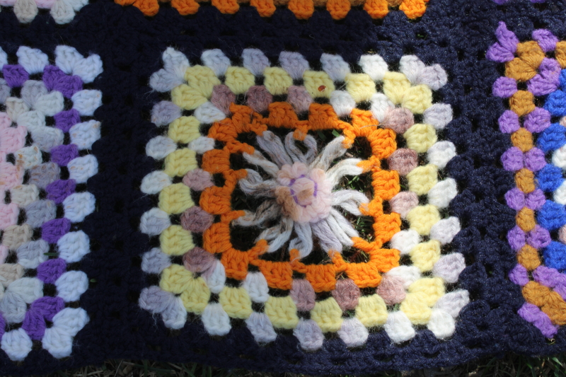 vintage colorful crochet afghan, lazy daisy granny square blocks hippie throw blanket