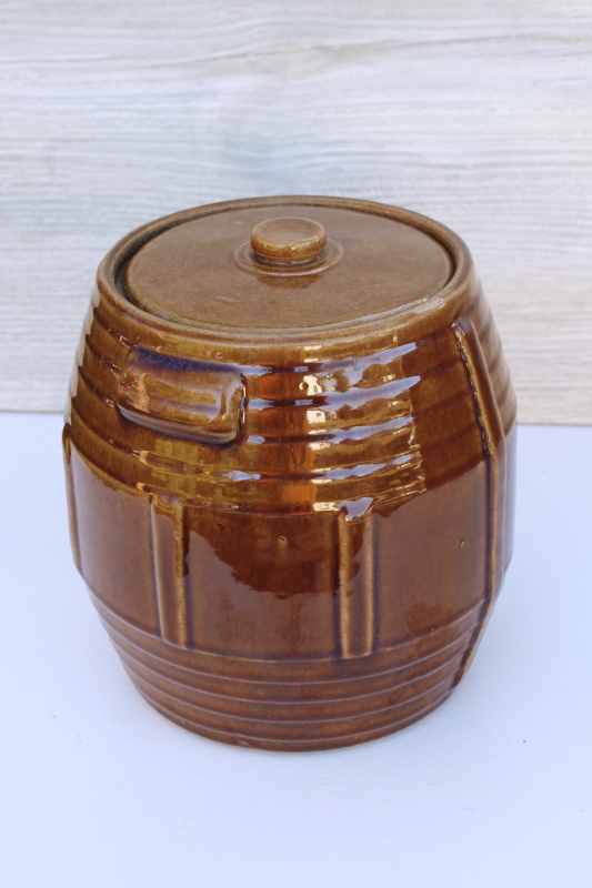 vintage cookie jar crock, brown barrel stoneware pottery, large canister jar