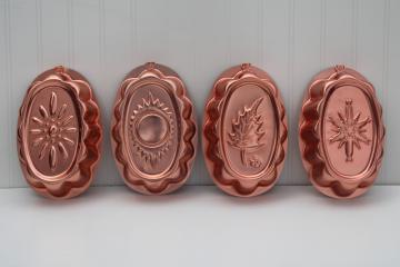 vintage copper aluminum jello molds set, four seasons Spring Summer Fall Winter w/ wall hanging hooks