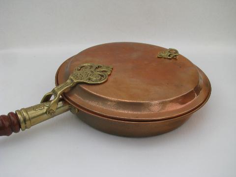vintage copper and brass bed warmer, warming pan w/ long wood handle