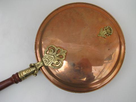 vintage copper and brass bed warmer, warming pan w/ long wood handle
