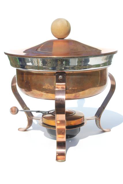 vintage copper chafing dish, large pan w/ burner warmer, buffet server or fondue pot 