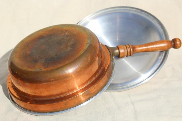 vintage copper fondue pot or chafing dish w/ stand & warmer sterno burner