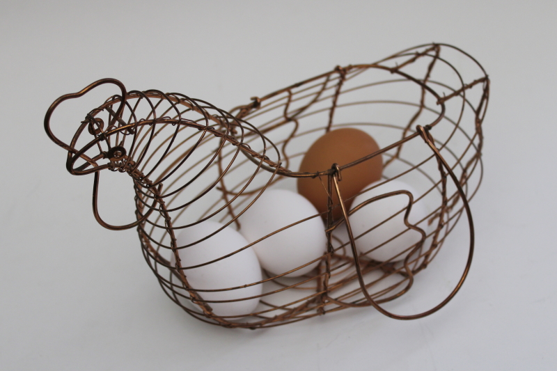 vintage copper hen egg basket, farmhouse kitchen chicken shaped wire work basket