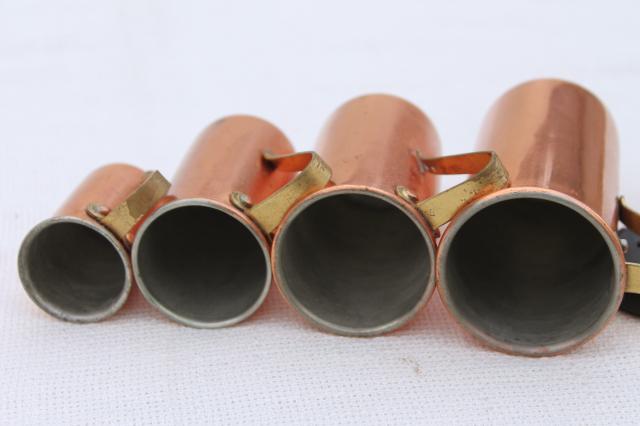 vintage copper measuring cups, set graduated measures or bar jiggers 1/4 to 1 cup size