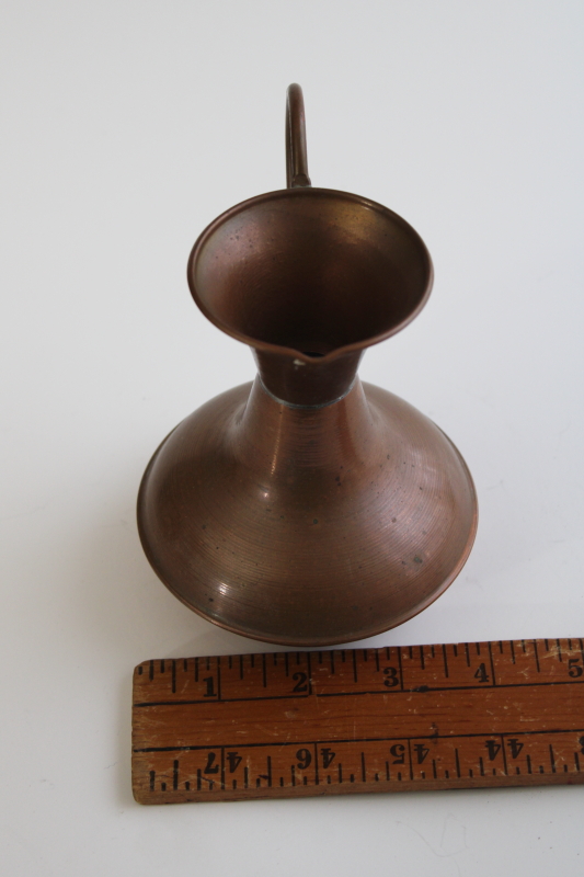vintage copper pitcher, small vase w/ graceful wire handle, modern minimalist shape