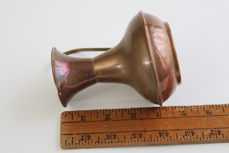vintage copper pitcher, small vase w/ graceful wire handle, modern minimalist shape