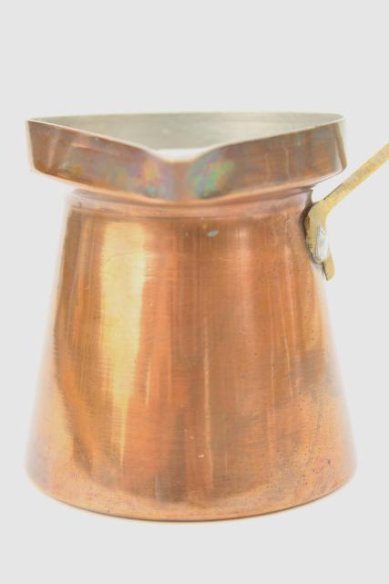vintage copper pourer w/ long brass handle, Turkish coffee pot or flambe pitcher