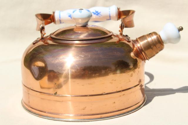 vintage copper tea kettle, whistling teakettle w/ blue & white china handle