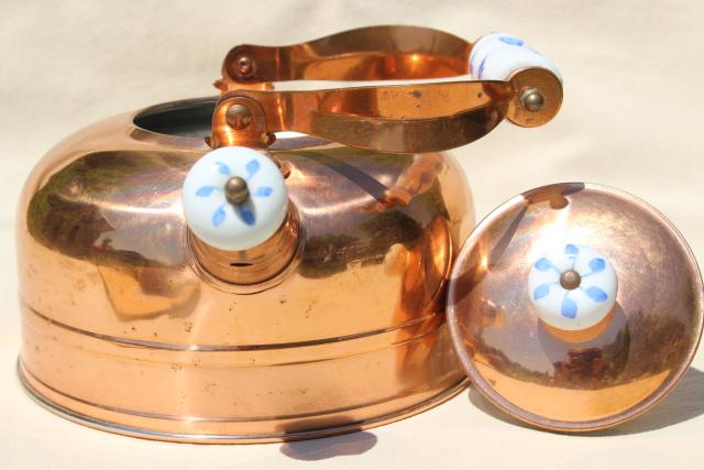 vintage copper tea kettle, whistling teakettle w/ blue & white china handle