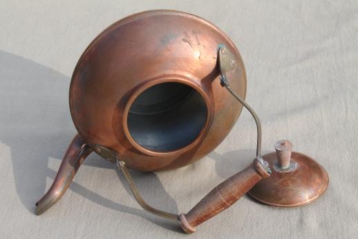 vintage copper tea kettle with wood handle, made in Portugal
