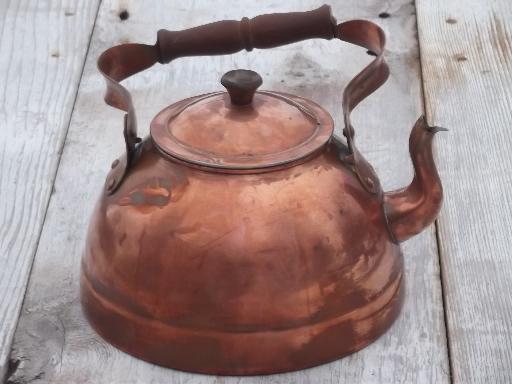 vintage copper tea kettle with wood handle, made in Portugal