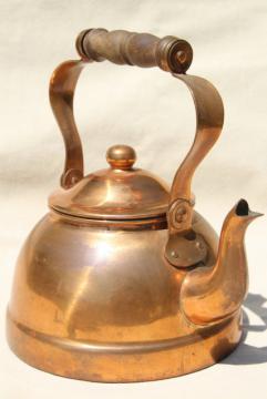 vintage copper teakettle, tea kettle w/ wood handle, Portugal copper kitchen ware